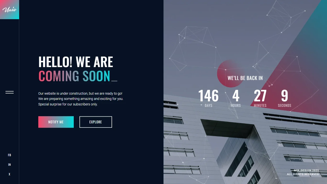 Unio Coming Soon Template Preview Screen